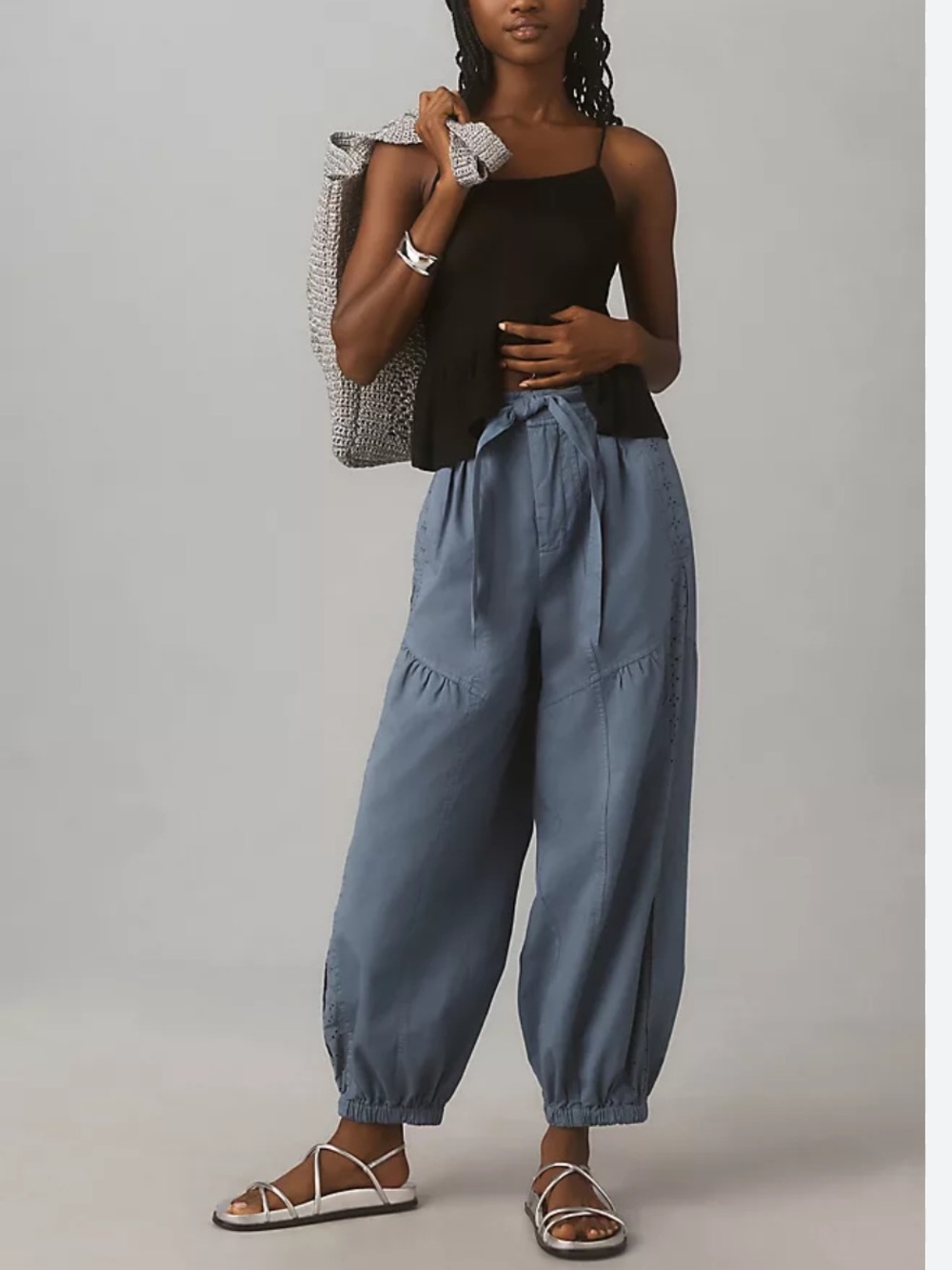 NWT By Anthropologie Washed Linen Blend Eyelet Jogger Trousers in Blue.
